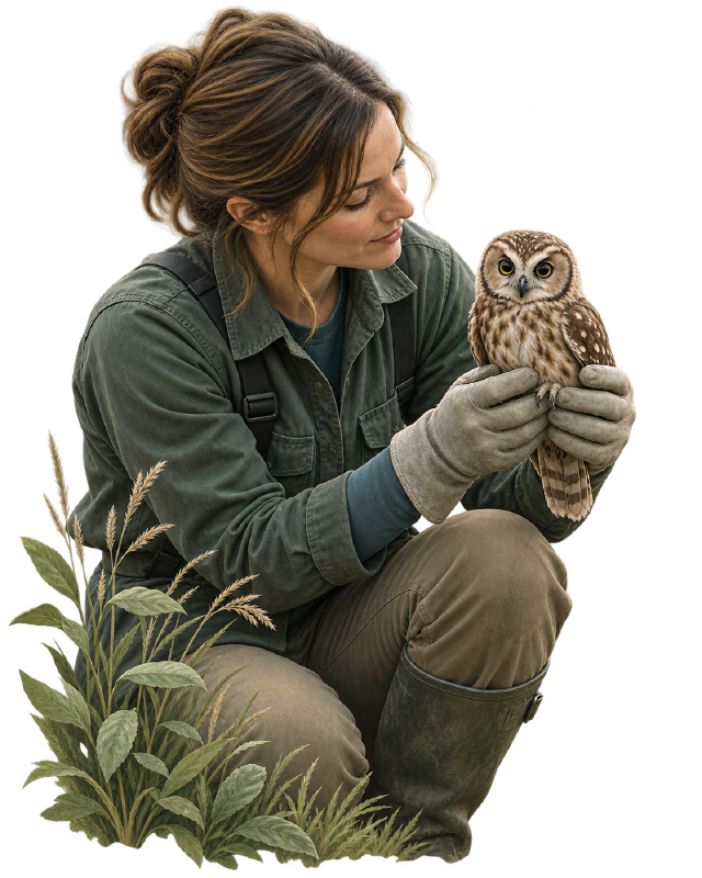 A wildlife rehabber examining a small owl