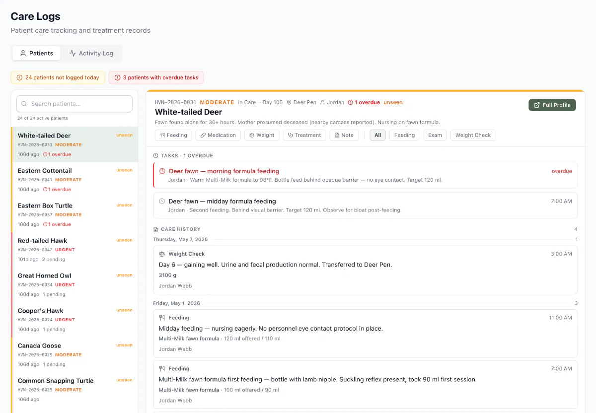 Haven's care log view, with a patient's overdue tasks and feeding/exam/medication history