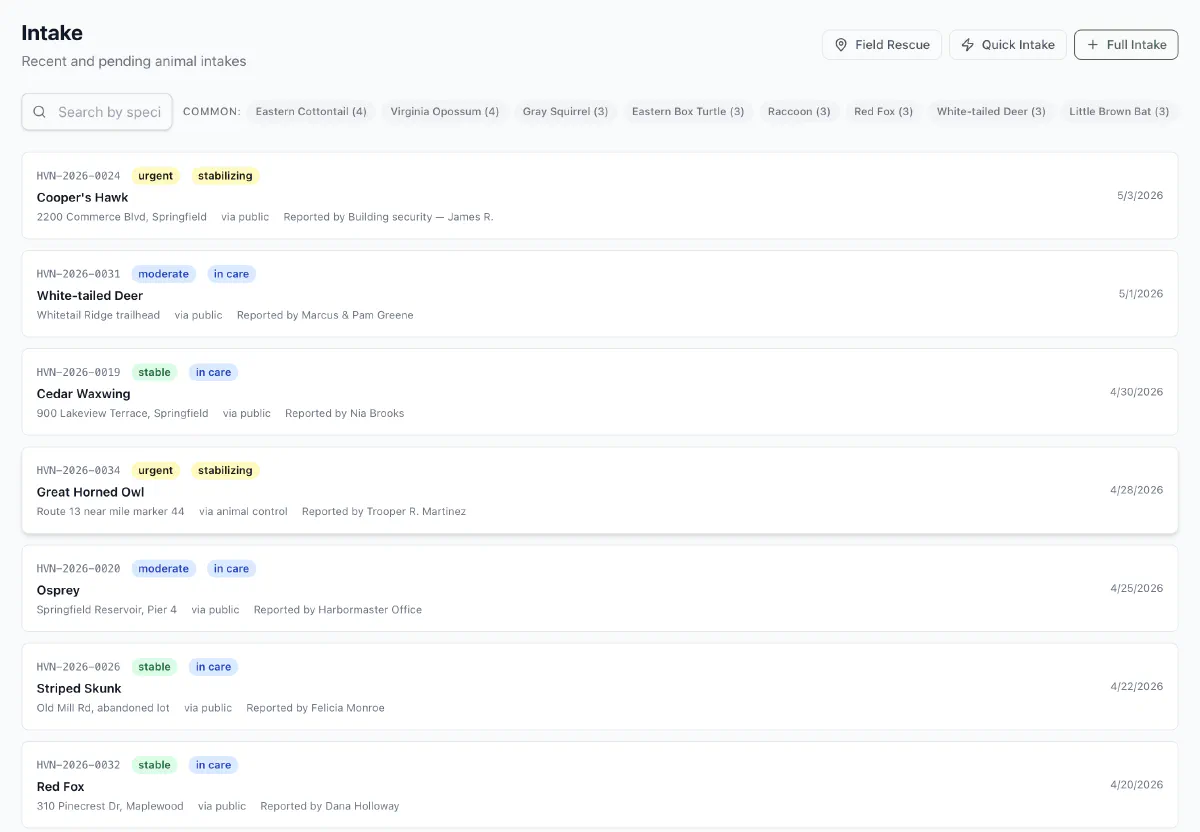 Haven's intake queue: recent and pending animal intakes with species, triage, and reporting source